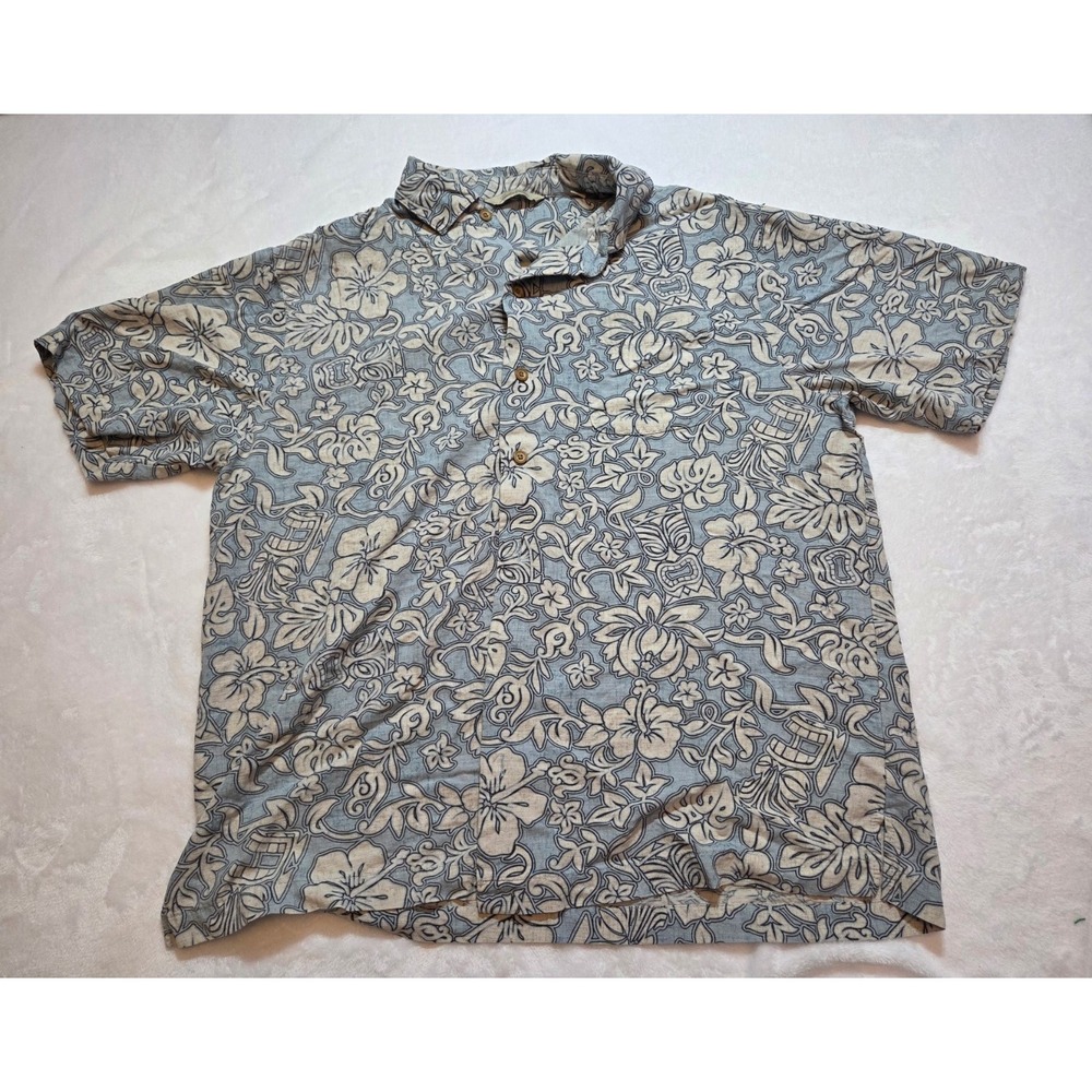 109-Paradise Collect Hawaiian Shirt Men's Large Blue Floral 100% Silk Aloha Camp